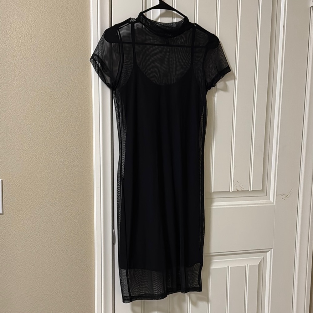 Derek Heart Black Mockneck Mesh Midi Dress (Includes Black Slip Dress Under)
